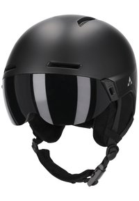 Sort hjelm med glat mat finish, tonet visir, ventilationsåbninger, blød indvendig foring og justerbar hagerem.