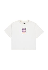 White, short-sleeve t-shirt with a crew neck. Features a graphic design with the text "Second Nature" in purple and yellow lettering.