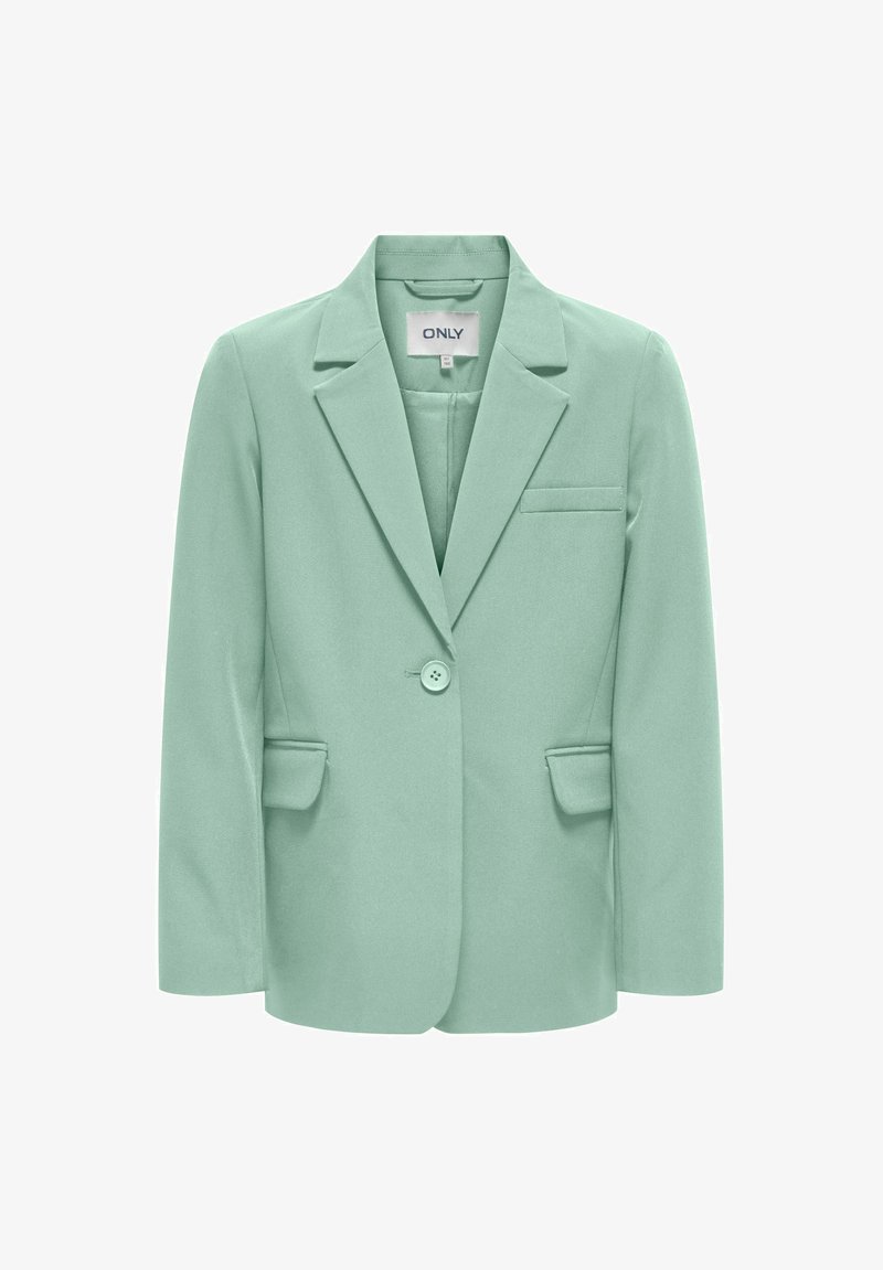 Mintgrønn single-button blazer med hakkede slag, to frontlommer med klaff og en brystlomme, merket "ONLY" på innsiden av kragen.