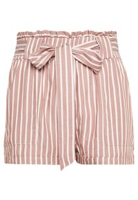 Różowe i białe spodenki w paski z elastycznym paskiem w talii, z kokardą z przodu oraz dwiema bocznymi kieszeniami, wykonane z lekkiego materiału.