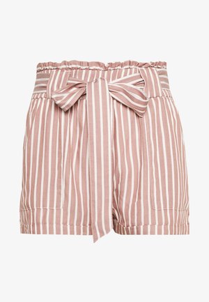Shorts rayés rose et blanc avec un waistband élastique, un nœud décoratif à l'avant et deux poches latérales, fabriqués en tissu léger.
