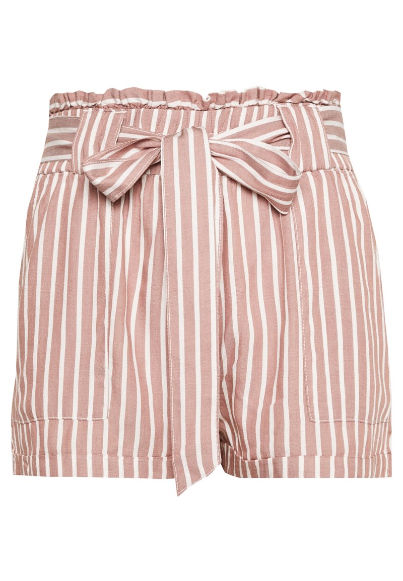 Różowe i białe spodenki w paski z elastycznym paskiem w talii, z kokardą z przodu oraz dwiema bocznymi kieszeniami, wykonane z lekkiego materiału.