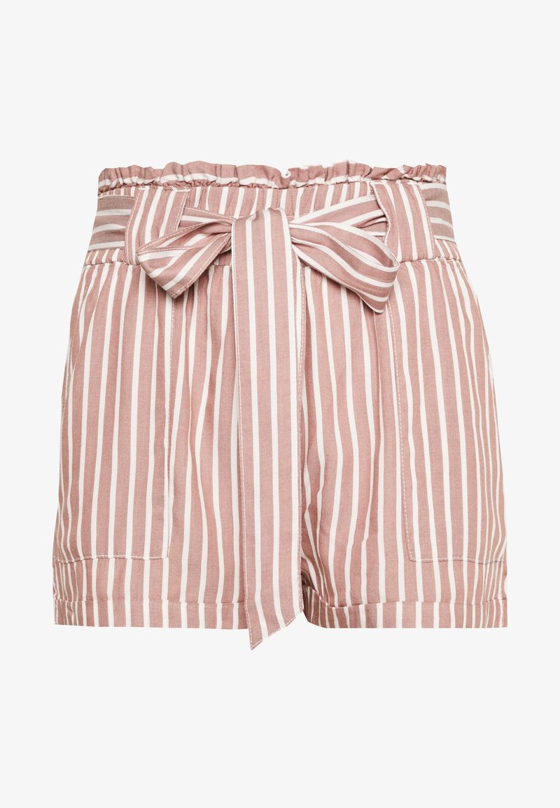 Różowe i białe spodenki w paski z elastycznym paskiem w talii, z kokardą z przodu oraz dwiema bocznymi kieszeniami, wykonane z lekkiego materiału.