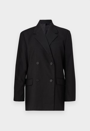 Melna divrindu jaka ar asām atloks, priekšējām kabatām un pogu aizdari. Izgatavota no gludas auduma, ar pielāgotu formu.