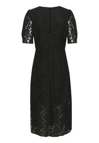 Black lace dress featuring short puff sleeves, floral pattern, round neckline, and a knee-length hem. Back button closure detail visible.