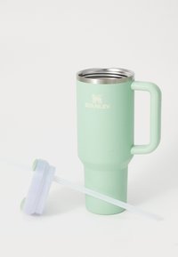 Lys grønn Stanley isolert tumbler med håndtak, åpen topp og separat lokk med vedlagt klar sugerør p�å hvit bakgrunn.