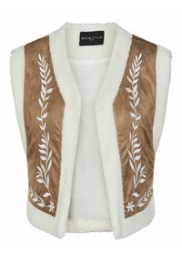 Ärmlös vit fleeceväst med bruna mockapaneler som har vita broderade blad- och blommönster fram.