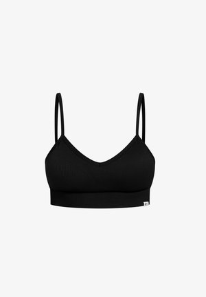 Black ribbed crop top with thin adjustable spaghetti straps and a small white tag on the bottom right side.