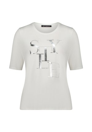 Biała koszulka z krótkim rękawem i okrągłym dekoltem, z metalicznym srebrnym napisem "STYLE" i kropkami na przodzie. Miękka tkanina.