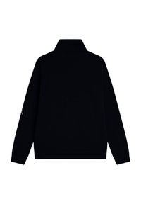 Pullover nero con colletto alto, maniche lunghe e polsini a coste. Presenta un piccolo dettaglio dorato sulla manica sinistra e una texture liscia.