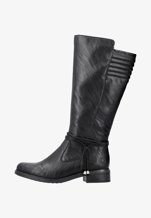 Black leather knee-high boot with a smooth finish, fitted design, ribbed accents at the top, and a stacked heel with lacing detail.