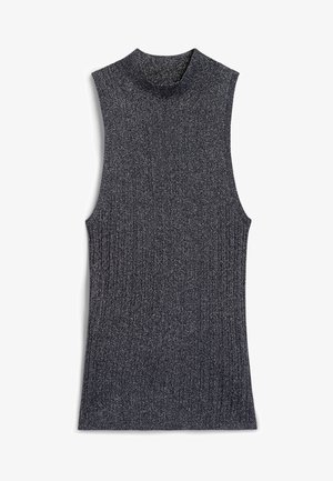 Top sin mangas de cuello alto acanalado en gris oscuro con una textura brillante. Presenta un cuello alto y lados abiertos para un diseño contemporáneo.