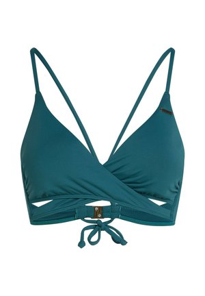 Haut de bikini de couleur bleu sarcelle avec un design à nouer, des bretelles réglables, et une fermeture arrière avec un accent métallique et des détails découpés.