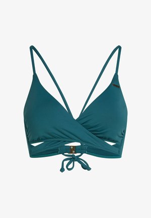 Haut de bikini de couleur bleu sarcelle avec un design à nouer, des bretelles réglables, et une fermeture arrière avec un accent métallique et des détails découpés.