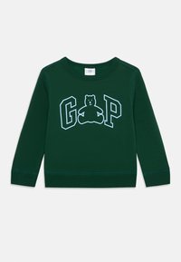Der grüne Pullover hat einen gerippten Halsausschnitt und Bündchen, mit "GAP" Schriftzug und einer Bärengrafik in Hellblau in der Mitte.