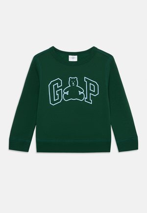 Der grüne Pullover hat einen gerippten Halsausschnitt und Bündchen, mit "GAP" Schriftzug und einer Bärengrafik in Hellblau in der Mitte.
