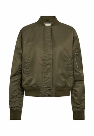 Olijfgroene bomberjack van gladde stof, voorzien van een ritssluiting op de mouwzak, zijzakken, geribde boorden en een opstaande kraag.