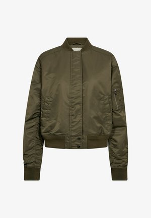 Olijfgroene bomberjack van gladde stof, voorzien van een ritssluiting op de mouwzak, zijzakken, geribde boorden en een opstaande kraag.