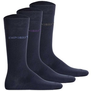 Drei Paar dunkelblaue Socken mit gerippten Bündchen, glatter Textur und gesticktem "Emporio"-Logo in Lila und Grün.