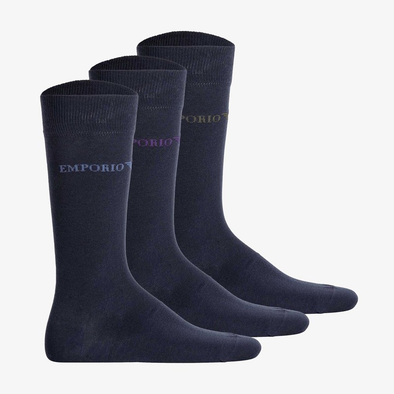 Three pairs of dark blue socks featuring ribbed cuffs, smooth texture, and embroidered "Emporio" logo in purple and green.
