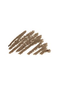Campione di trucco marrone con una finitura opaca e texture, caratterizzato da linee irregolari simili a pennellate su uno sfondo bianco.