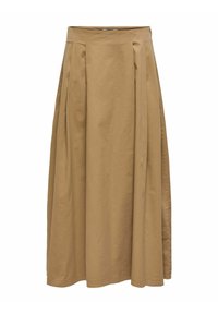 Jupe marron arrivant au genou en coton avec un design plissé. Présente une taille ajustée et une texture lisse. Style simple et fonctionnel.