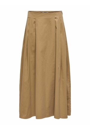 Brązowa spódnica do kolan wykonana z bawełny, z plisowanym wzorem. Posiada dopasowaną talię i gładką fakturę. Prosty i funkcjonalny styl.