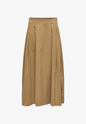 Hnědá sukně po kolena vyrobená z bavlny s plisovaným designem. Má přiléhavý pás a hladkou strukturu. Jednoduchý a funkční styl.