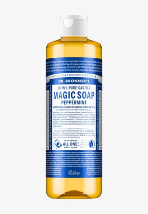 Butelka 475 ml mydła Dr. Bronner's 18 w 1 Pure-Castile Magic Soap o zapachu mięty pieprzowej, z szczegółowym niebiesko-białym napisem na etykiecie.