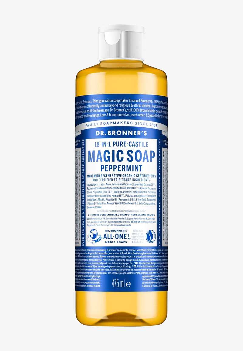 Dr. Bronner's 475 ml flaske med 18-i-1 Pure-Castile Magic Soap, peppermyntelukt, med detaljert blå og hvit etikettekst.