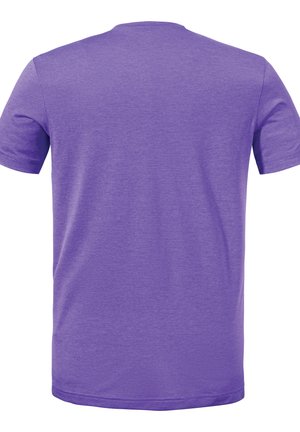 Lila T-Shirt mit kurzen Ärmeln, das eine glatte Textur und einen runden Halsausschnitt aufweist. Die Rückseite zeigt eine einfarbige Fläche ohne Muster oder Verzierungen.