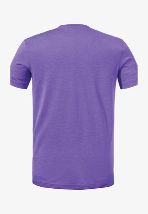 Lila T-Shirt mit kurzen Ärmeln, das eine glatte Textur und einen runden Halsausschnitt aufweist. Die Rückseite zeigt eine einfarbige Fläche ohne Muster oder Verzierungen.