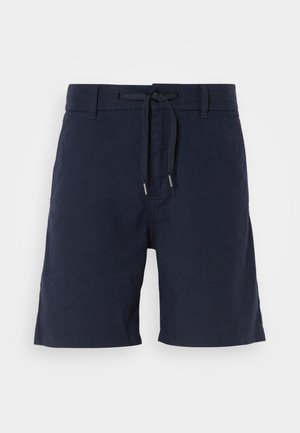 Shorts de culoare albastru închis, confecționați dintr-un material ușor, având un brau cu șnur, două buzunare laterale și un design cu picioare drepte.