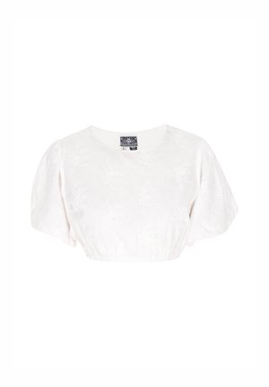 Blusa blanca corta con mangas cortas abullonadas, patrón floral texturizado, cuello redondo y dobladillo elástico. Etiquetada en talla S.