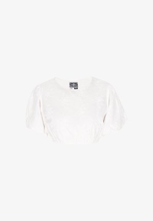 Bluză scurtă albă cu mâneci scurte bufante, model floral texturat, decolteu rotund și tiv elastic. Etichetată pentru mărimea S.