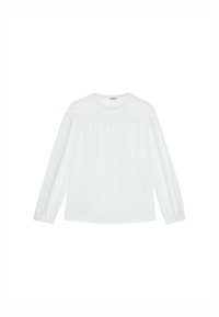 Blusa bianca con maniche lunghe, yoke leggermente texturizzato, scollatura rotonda e chiusura a bottoni davanti. Tessuto morbido e leggero.