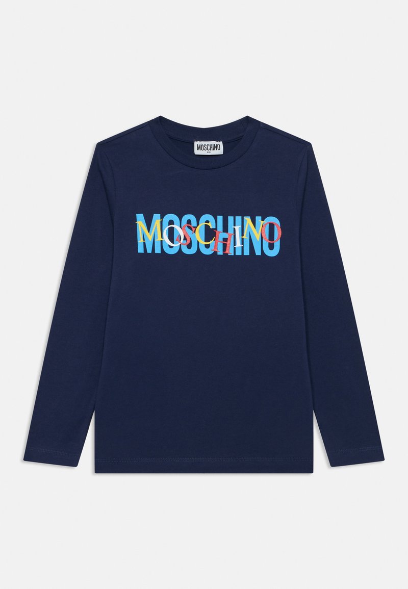Camicia a maniche lunghe blu navy con logo testuale sovrapposto e colorato "Moschino" in blu, giallo, rosso e bianco sul petto.