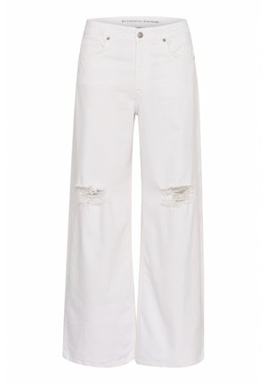 Bijele široke traperice s visokim strukom, s istaknutim oštećenjima na koljenima i klasičnim pet džepovima. Izrađene su od denima s glatkom teksturom.