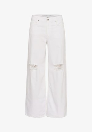 Bijele široke traperice s visokim strukom, s istaknutim oštećenjima na koljenima i klasičnim pet džepovima. Izrađene su od denima s glatkom teksturom.