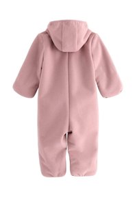 Roze fleece eendelig pak met een capuchon, voorzien van lange mouwen en een zachte textuur, ontworpen voor warmte en comfort.