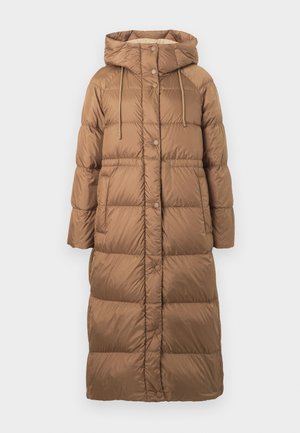 Brown padded long coat with a hood, featuring a button-up front, drawstring, and quilted texture. Smooth, shiny fabric with a relaxed fit.