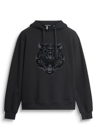 Felpa nera con una prominente grafica di una tigre nera sulla parte anteriore, realizzata in tessuto morbido, con cordini regolabili e polsini a coste.