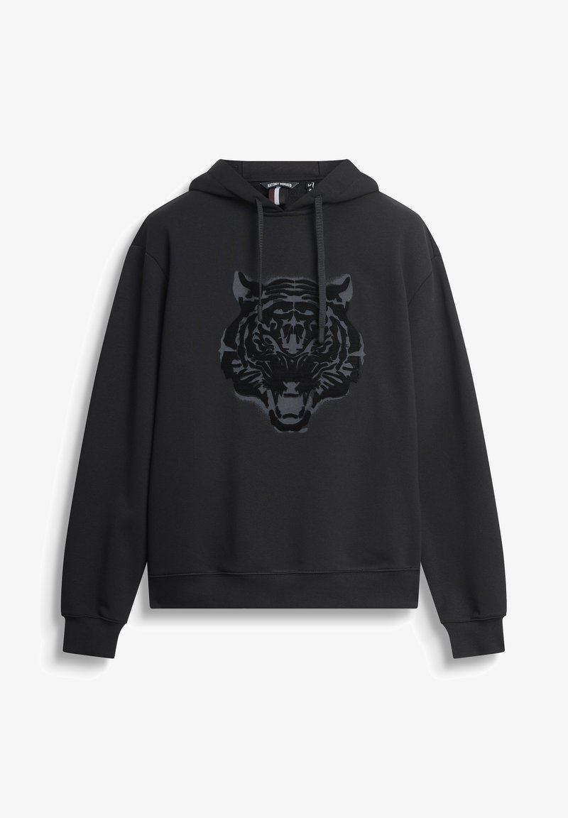 Felpa nera con una prominente grafica di una tigre nera sulla parte anteriore, realizzata in tessuto morbido, con cordini regolabili e polsini a coste.
