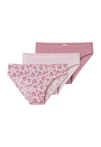Dreierpack Damenslips in verschiedenen Pinktönen. Einer hat ein pinkes Herzmuster; die anderen sind in einfarbig hellpink und dunkelpink.