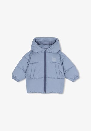 Lichtblauwe gewatteerde peuterjas met kap, voorrits, elastische manchetten en kleine borstlogo patch.