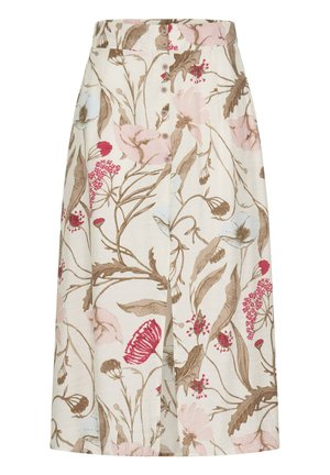 Hvid midi-nederdel med knapper foran og stort blomsterprint i pink, rød, brun og lyseblå toner på en cremefarvet baggrund.