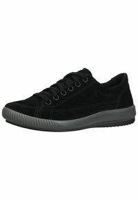 Black suede sneakers with a low-top design, grey rubber sole, and six eyelets for laces. Features stitched detailing along the sides.