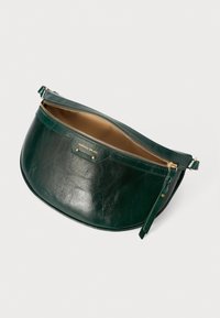 Zaļā ādas soma ar izliekta formas, zelta aksesuāriem, ar rāvējslēdzēju, un kontrastējošu brūnu iekšpusi. Iespējas ar zīmola logo un šauru siksniņu.