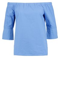 Top azzurro chiaro a spalle scoperte con maniche lunghe fino ai gomiti e scollatura elasticizzata, realizzato in un tessuto liscio e leggero.