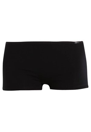 Črne bokserice z gladko teksturo, ki imajo širok pas in minimalne podrobnosti. Tkanina se zdi raztegljiva in mehka.